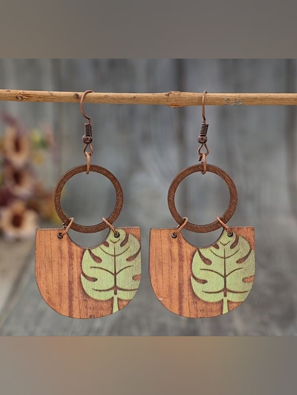 Brown and Green Boho Palm Motif Wood Drop Earrings - NEW